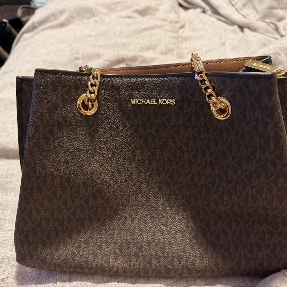 Michael Kors Dark Brown Signature Shoulder Tote with Gold Hardware